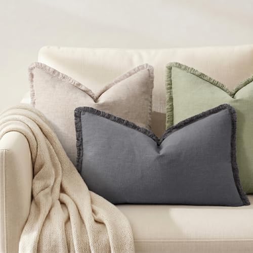 decorUhome Linen Fringe Dark Grey Throw Pillow Covers 12x20 Set of 2 - Image 4
