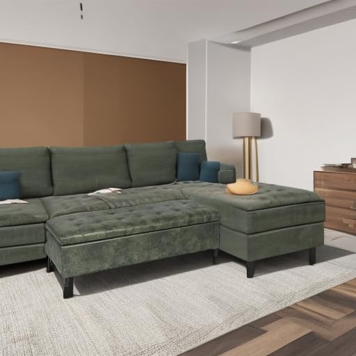 Joveco Storage Ottoman Bench, 51 Inch Tufted Leather Rectangle Bench for End Foot of Bed, Bedroom, Living Room, Deep Green