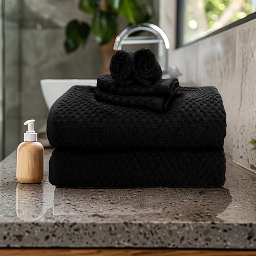 COTTON CRAFT Euro Spa Waffle Weave 6 Piece Towel Set - 100% Cotton - Black - Image 2
