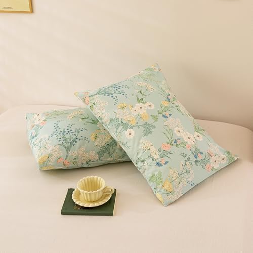 ECOCOTT Sage Green Floral Pillowcases Queen Size Set of 2, 100% Washed Cotton - Image 3