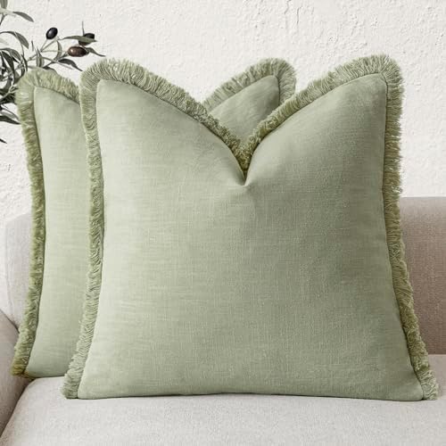 Foindtower Decorative Linen Fringe Throw Pillow Covers 18×18 Light Green by Foindtower