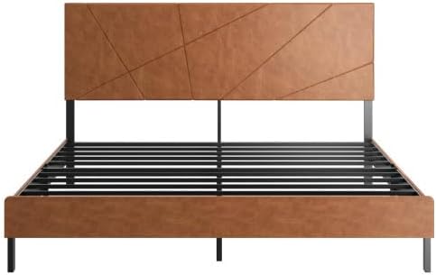 Upholstered King Size Platform Bed Frame with Faux Leather Padded Headboard, Sturdy Metal Slats Support, No Box Spring Needed, Vintage Brown