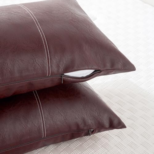 Fancy Homi Burgundy Boho Long Lumbar Faux Leather Decorative Throw Pillow - Image 3