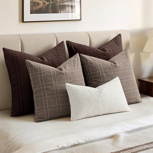 MIULEE Linen Plaid Pillow Covers Fall Decorative Euro 24x24 Dark Brown - Image 3