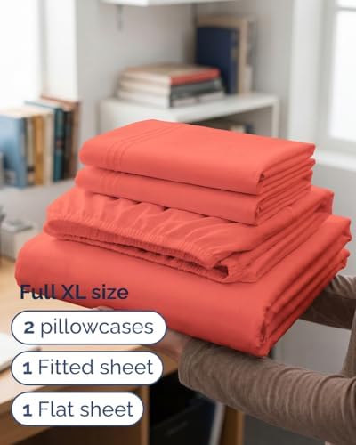 Full XL Sheets - 4 Piece Full XL Sheet Set - Breathable & Cooling - Coral - Image 3