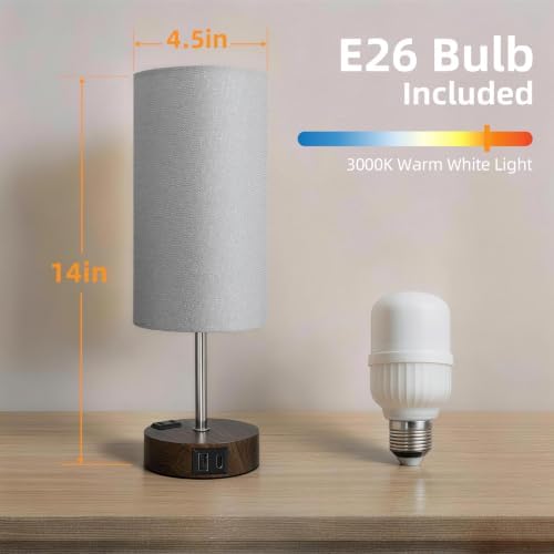Table Lamp, Dimmable Touch, AC Outlet, USB A+C (Grey&Walnut) - Image 7