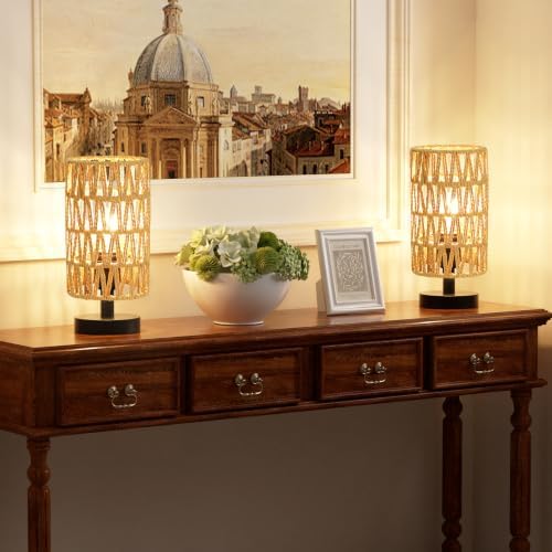 Table Lamps Set of 2 (Rattan Rope Shade - Black Base, 9" Inline Control) - Image 3