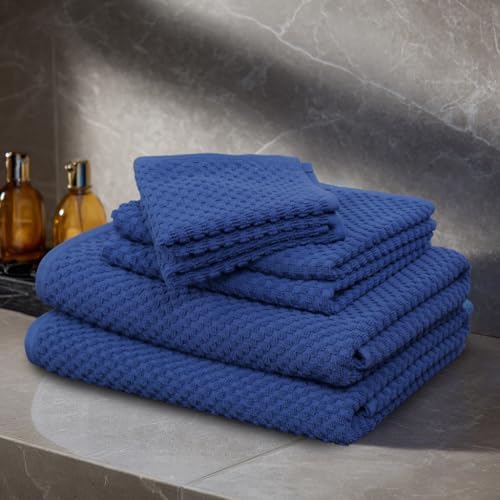 COTTON CRAFT Euro Spa Waffle Weave 6 Piece Towel Set - 100% Cotton - Blue - Image 4
