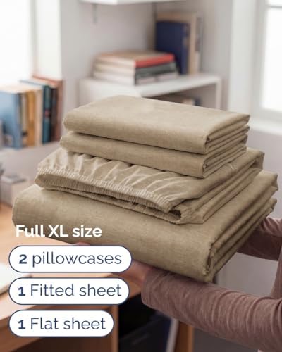 Full XL Sheets - 4 Piece Full XL Sheet Set - Breathable - Heathered Beige - Image 3