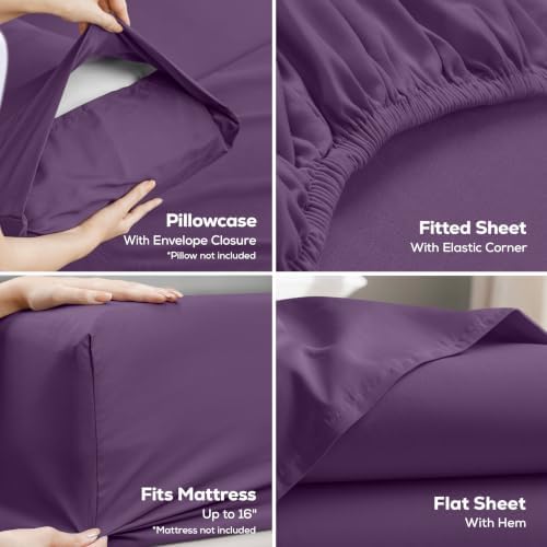 Twin Sheets Set, 3 Pieces 16" Deep Pocket Hotel Luxury Bedsheets, Egg Plant - Image 3