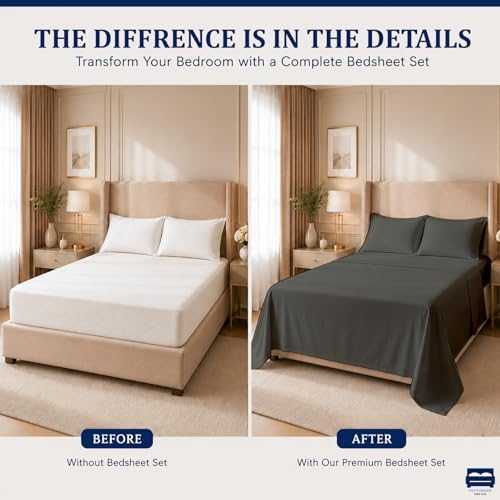 Cottingon 4 PC Cal King Sheets Fits 16" Deep, Egyptian Cotton, Dark Grey - Image 4