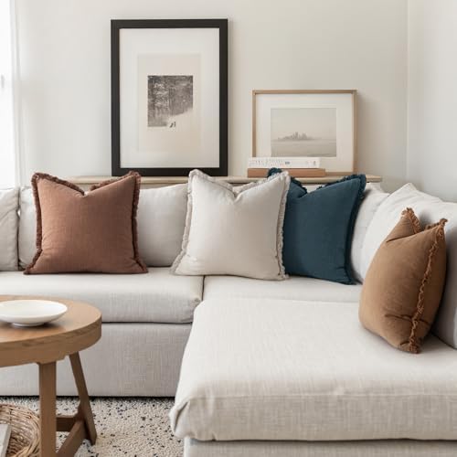 MIULEE Fall Linen Fringe Pillow Covers Set of 4 24x24 Beige/Brown/Blue - Image 5