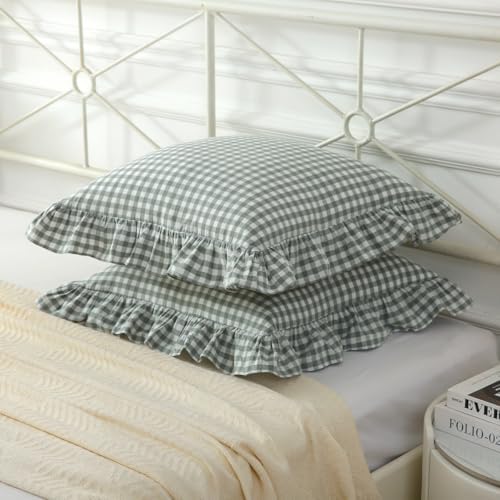 Mywinlle Dusty Green Gingham Plaid Ruffle Throw Pillow Covers 20"x20" - Image 3
