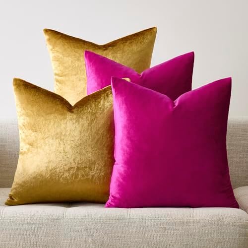 GIGIZAZA Pack of 4 Decorative Velvet Pillow Covers 16x16 Hot Pink Gold - Image 7
