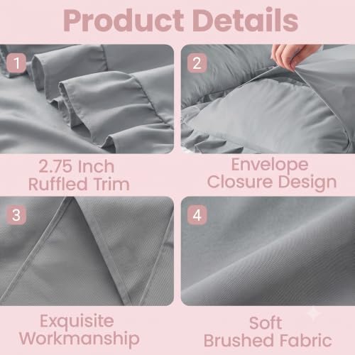 Set of 2 Microfiber Ruffle Pillow Cases Queen Size Silver Gray - Image 3