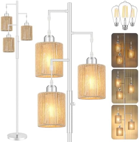 Hotsonic 72" Boho Rattan Tree Floor Lamp, Tall Dimmable Industrial Standing Lamp, Corner Decor Accent Lighting for Living Room, Bedroom, Dining Room, Nursery, Cafe (3 x 800LM Bulbs Included) - Silver by Hotsonic