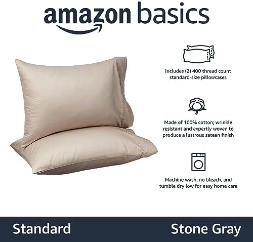 Amazon Basics 400 Thread Count 100% Cotton Pillowcases, Sateen Weave, Standard - Image 2