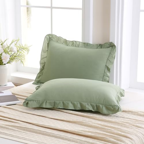 Merryword Avocado Green Pillow Shams Green Ruffle Standard Pillowcases Cute - Image 3