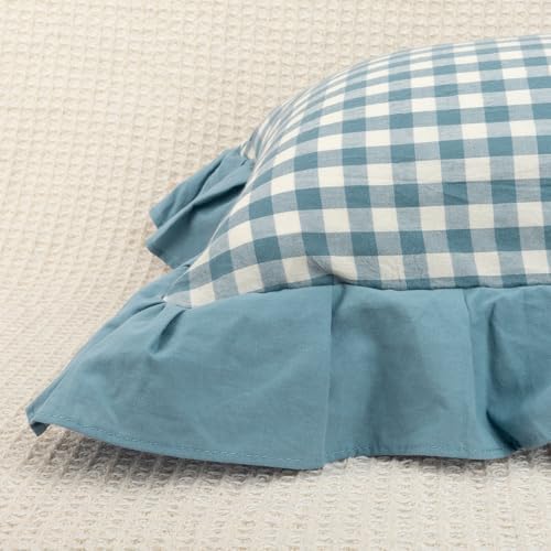 JoraLion Ruffled 20x20 Pillow Cover Gingham Smoke Blue Solid Edge - Image 4