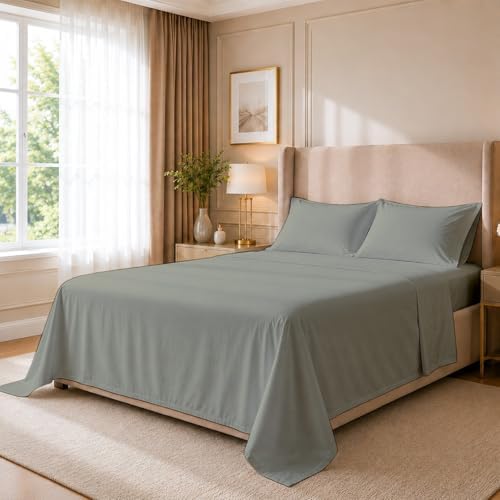 Cottingon 4 PC Olympic Queen Sheets, Egyptian Cotton, Light Grey by COTTINGON
