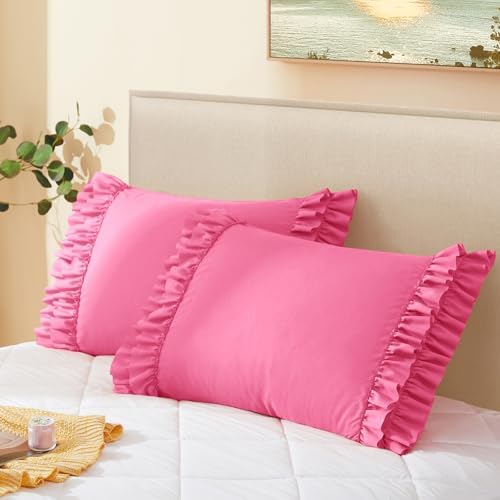 Vonty Hot Pink Ruffled Pillow Cases Set of 2, Queen Size, 20x30 Inch by CreateCozyLife