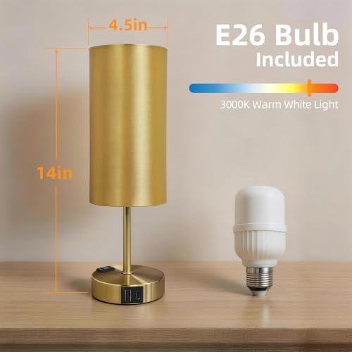 Bedside Table Lamp, Dimmable Touch, AC Outlet, USB A+C (Gold) - Image 7