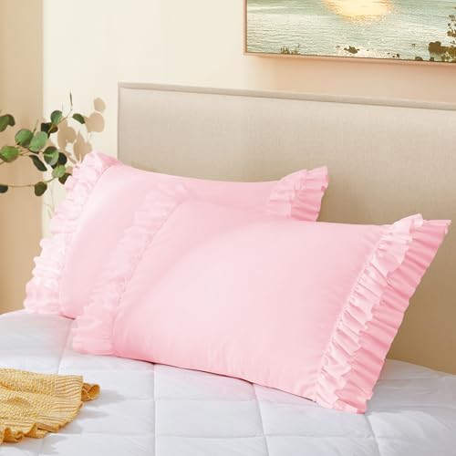 Vonty Pink Ruffled Pillow Cases Set of 2, Body Size, 20x54 Inch - Image 7