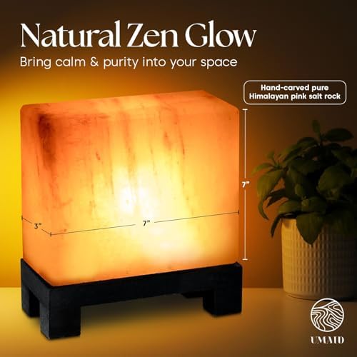 UMAID Himalayan Salt Lamp Rectangle, Natural Pink Rock Salt Lamp on Modern Wood Base with Night Light Bulb and Dimmable Cord, Spa Decor, Salt Massage Stones Ambiance, Meditation Accessories Decor Gift - Image 2