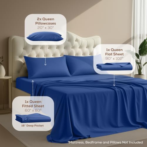 Queen Sheets Set, 4 Pieces 16" Deep Pocket Hotel Luxury Sheets, Royal Blue - Image 2
