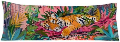 Maximalist Tiger Body Pillow Covers 20x54, Preppy Room Decor, Tropical Trendy by Exqcom