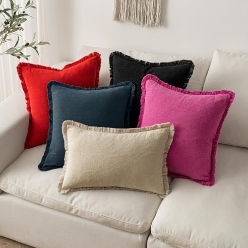 MIULEE Boho Linen Fringe Decorative Throw Pillow Covers Red 20x20 - Image 5