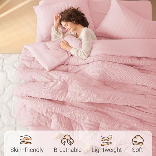 MUXHOMO 7 Pieces Oversized King Comforter Set, Seersucker Bed in a Bag - Image 2