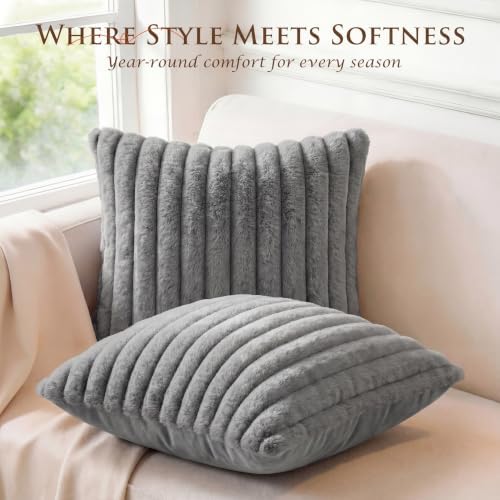 Set of 2 Decorative Throw Pillow Covers 18x18 Faux Fur Dark Gray - Image 4