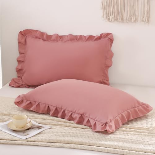 Pink Mocha Pillow Shams Cute Ruffle Queen Pillowcases Solid Pillow Cover Set of by Merryword