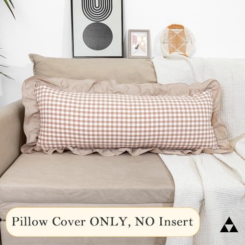 JoraLion Ruffled Lumbar Pillow Cover 14x36 Gingham Khaki Solid Edge - Image 6