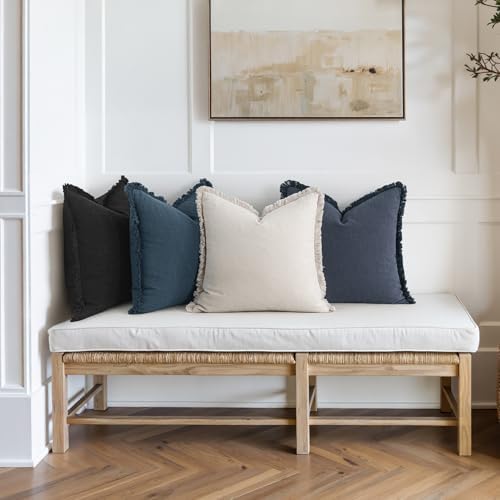 MIULEE Fall Linen Fringe Pillow Covers Set of 4 18x18 Beige/Coastal Blue - Image 2