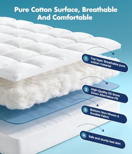 Fracho King Cotton Mattress Topper, Extra Thick Pillow Top Mattress Pad - Image 3