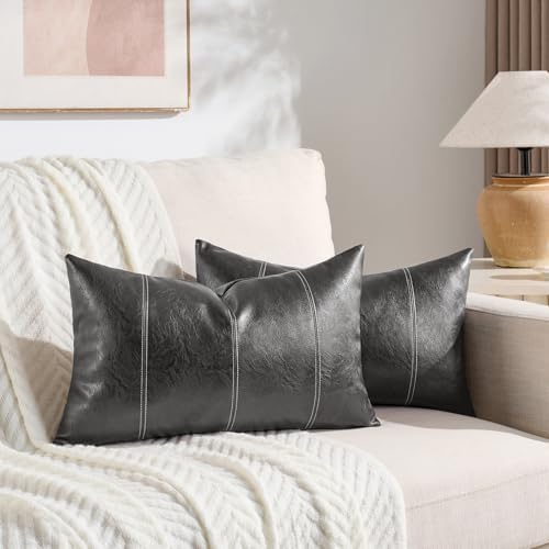 Fancy Homi Dark Gray Lumbar Waterproof Faux Leather Decorative Throw Pillow - Image 2