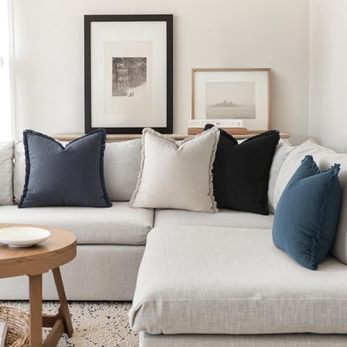 MIULEE Fall Linen Fringe Pillow Covers Set of 4 18x18 Beige/Coastal Blue - Image 3