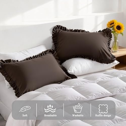 Ruffled King Pillow Shams, 2 Pack, 20x36 Inches, Dark Brown - Image 4