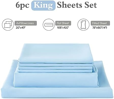 ILAVANDE King Size 6 Piece Bed Sheets Set, Baby Blue - Image 7