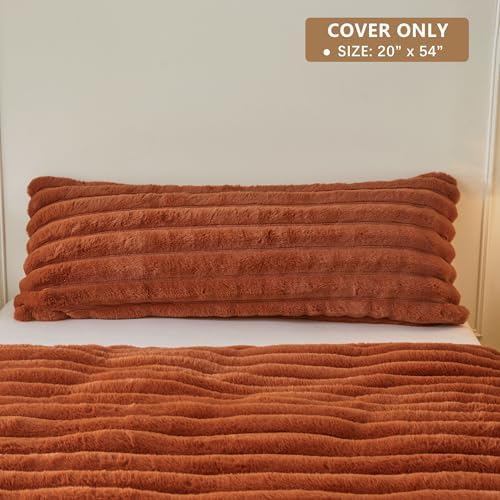 MEGO 20x54 Body Pillow Cover, Fluffy Ribbed Faux Rabbit Fur, Burnt Orange - Image 2