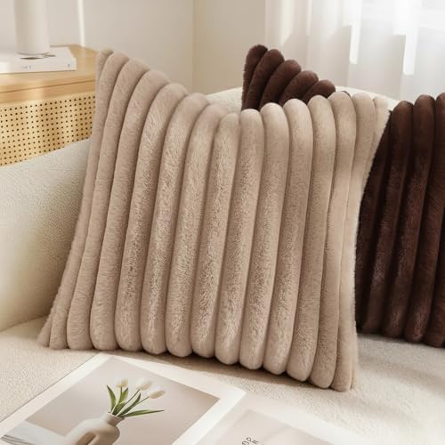 decorUhome Fall Faux Fur Throw Pillow Covers 18x18 Set of 2 Khaki Brown - Image 4
