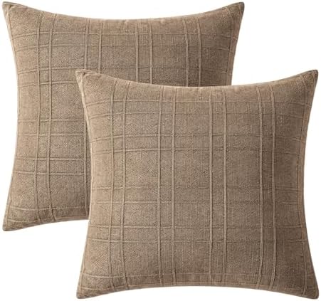 MIULEE Linen Plaid Pillow Covers Fall Decorative Euro 24x24 Light Brown - Image 7