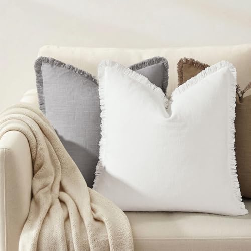 decorUhome Linen Fringe Cream White Throw Pillow Covers 18x18 Set of 2 - Image 4