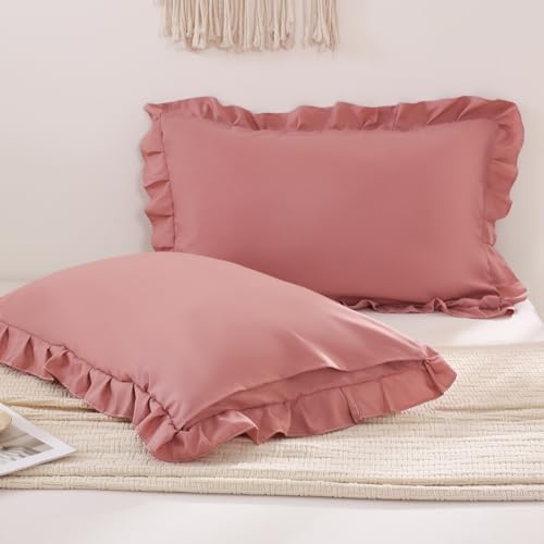 Pink Mocha Pillow Shams Cute Ruffle Queen Pillowcases Solid Pillow Cover Set of - Image 4