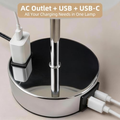 Table Lamp, Dimmable Touch, AC Outlet, USB A+C (White&Silver) - Image 2