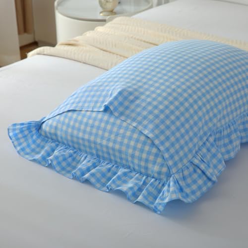 Mywinlle Vintage Sky Blue Plaid Ruffle Pillow Shams Standard Size Set of 2 - Image 3