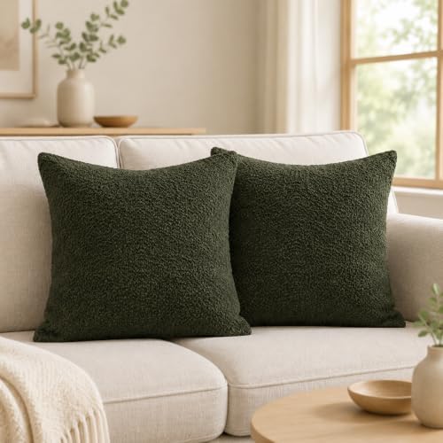 JoraLion 16x16 inch Boucle Throw Pillow Covers, Army Green Woven Texture by JoraLion