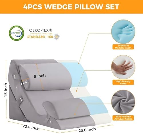 Ruqmuis Wedge Pillow Set for After Surgery, Bed Wedge Pillow, Plush Grey - Image 3